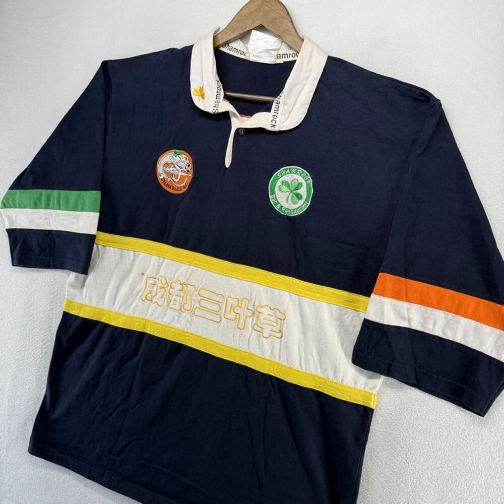 Vintage Shamrock Rubgy Shirt Men's 2XL Blue Colorblock Embroidered Spellout y2k
